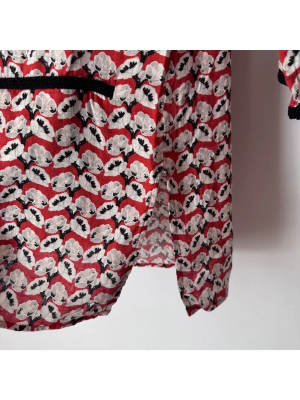 Tory Burch Women Red Floral 100% Linen Black Trim Tunic Top Size XS